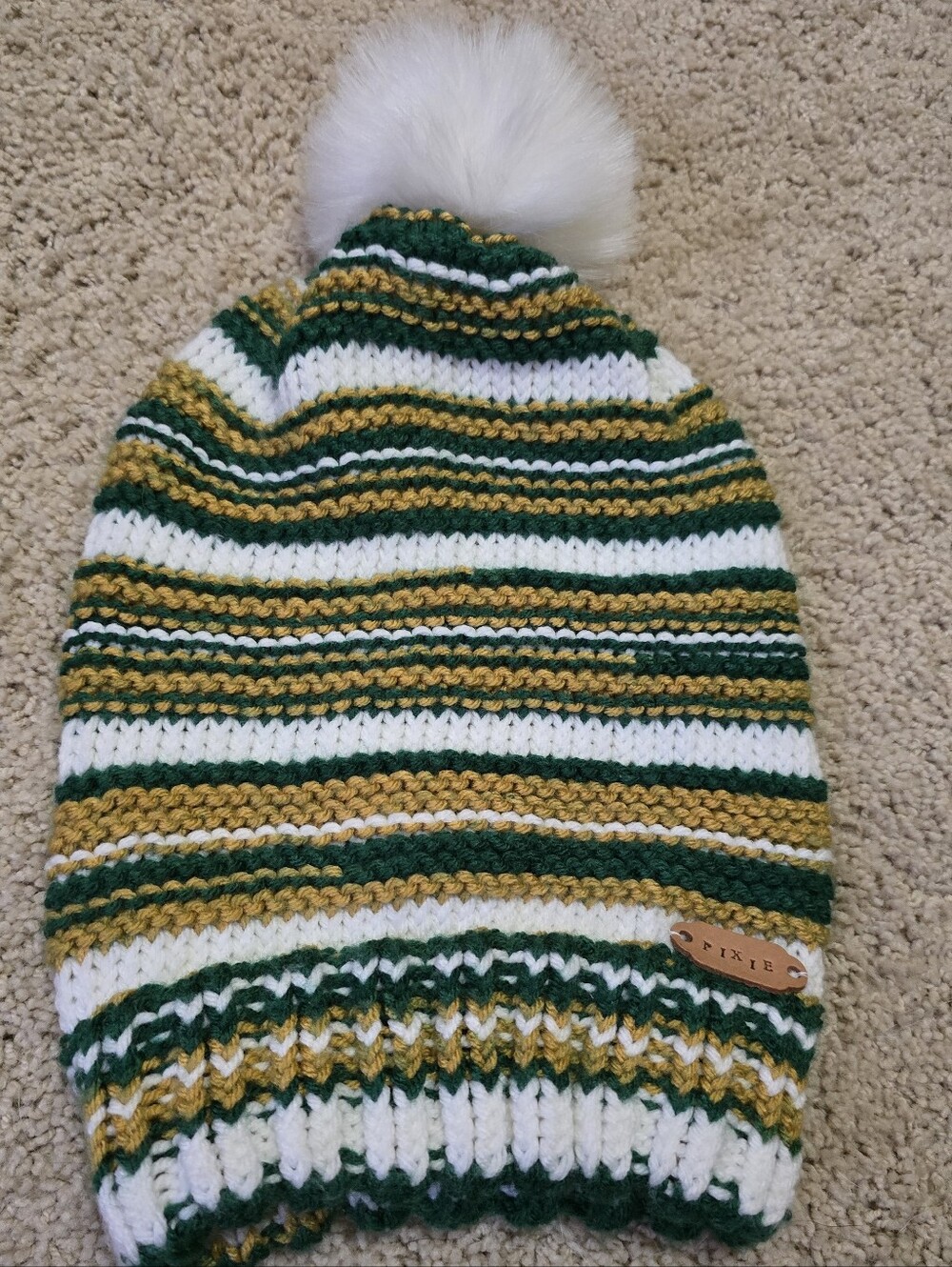 Pixi Green, White & Gold Striped Knit Pom Beanie